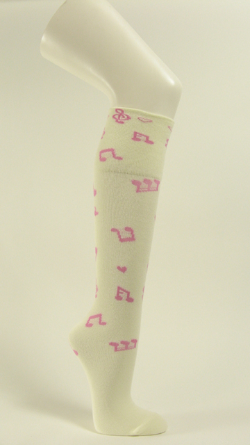 Cream white under knee socks with light pink music notes no heel - Click Image to Close
